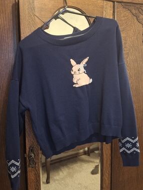 Navy Blue Bunny-Embroidered Women's Sweater